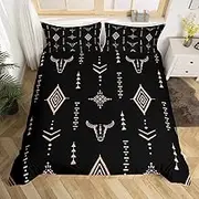 Boho King Size Duvet Cover Sets for Adults Men Women, Westurn Bull Skull Bedding Set Bohemian Brown Tribal Pattern Duvet Cover, Geometric Aztec Symbol Bed Sets All Season, Microfibre