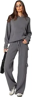 [aromm] Women's Two Piece Outfits Knit Hooded Sweater Straight Leg Pants Set Lounge Clothing Set for Winter Spring Fall