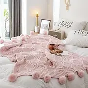 DONEUS Pom Pom Throw Blanket, 100% Cotton Knit Throw Blankets for Sofa Bed Couch Office Super Soft Cable Knitted Blanket (Pink, 51"x63")