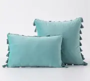 Pack of 2 Velvet Soft Solid Decorative Throw Pillows with Tassels Fringe Boho Accent Cushion for Couch Sofa Bed, Water Green