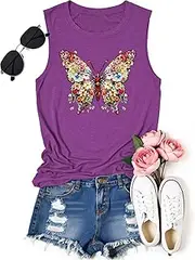 [BQG] Cute Butterfly Printed Womens Tank Tops Workout Shirts Loose Fit Running T-Shirt