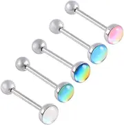 [Pokinge] 5Pcs 14G Tongue Rings Barbells, Stainless Steel Rainbow Nipple Bar Tongue Ring with Opal Hip Hop Punk Tongue Piercing Set Body Jewelry for Women Men, Metal, no gemstone