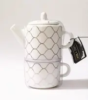 COCO+LOLA WHITE BONE CHINA+METALLIC GOLD TRIM TEA,COFFEE POT FOR ONE SET