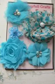 AQUA ELECTRIC BLUE Mix Fabric Lace Floral Organza 5 Flowers 28/70mm NJC T2Ef