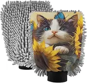 XYMZR Absorbent Microfiber Car Wash Mitt Scottish Fold Cat Cute, Funny Cute Anime Scratch Free for Cars Cleaning, Home Cleaning Mitts, 2 Pack, 10.24” L x 7.09” W