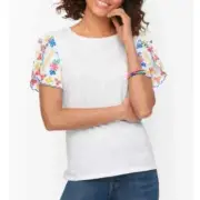 Talbots NEW White T-shirt With Colorful Embroidered Floral Flutter Sleeves Med
