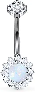 [Heienngy] F136 Titanium Belly Button Ring 14MM 12MM 10MM Flower Opal CZ Belly rings 14G Navel Barbell Round Cubic Zirconia Curved Banana Shaped Belly Rings Belly Piercing