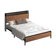 Oikiture Metal Bed Frame Double Size LED Light USB Charge Storage Headboard
