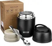 [JOOPETALK] 17 oz Insulated Lunch Containers, Black, Vacuum Stainless Steel Thermo Lunch Box with Handle and Folding Spoon for School, Office, Travel