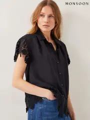 Monsoon Black Lara Embroidered Short Sleeve Shirt (F91739) | $136
