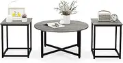 Giantex 3-Piece Coffee Table Set, Round Coffee Table and 2PCS Square End Tables with Heavy-Duty Metal Frame, Modern Living Room Tables Set of 3, Bedroom (Gray & Black)