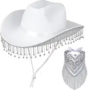 [BITUSIC] Women's Sparkly Cowgirl Hat for Parties, Party Cowgirl Cowboy Hat Black Glitter Western Cowboy Hat with Rhinestones and Matching Fringe Bandan（White）