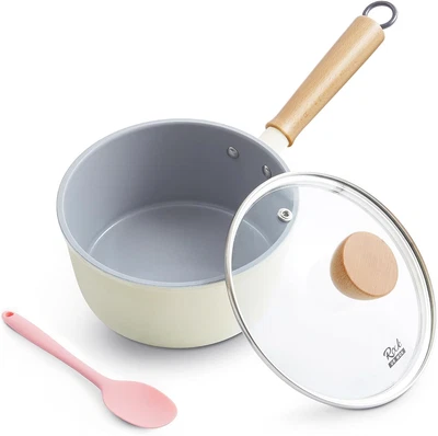 1.5 Qt Ceramic Nonstick Saucepan with Lid, Cool Touch Wooden Handle