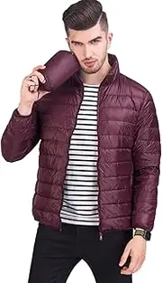 [KLUSIET] Men's Packable Puffer Jacket Lightweight Down Jacket Fall Winter Warm Puffy Jacket Water-Resistant Quilted Winter Coat(Large,Wine Red)