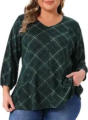 [Agnes Orinda] Plus Size Top for Women 3/4 Sleeve V Neck Decorative Buttons Casual Plaid Tunic Pullover Tee Shirts
