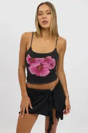 Black Floral Singlet Top Mesh - Size 16XL, Women's Singlet