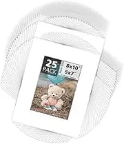 Mat Board Center, 8x10 Picture Mat Sets for 5x7 Photo. Includes a Pack of 25 White Core Bevel Pre-Cut White Core Matte & 25 Backing Board & 25 Clear Bags (White)