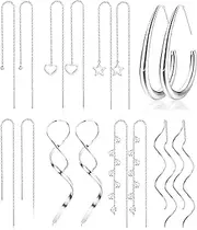 [LOLIAS] Threader Earrings for Women Gold Silver Plated Dangle Thread Earrings Dainty Spiral Twisted Wave Ball Tassel Chain Earrings Long Surgical Steel Pull Through Earrings for Women Lightweight