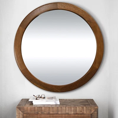 Round Mirror 36 Inch,Wood Rustic Bathroom Tempered Wall Mirror with Walnut Frame