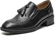[Beau Today] Women Loafers, Leather Tassel Loafers Women, Low Heel Flat Loafer, Slip On Square Toe Loafer, Comfortable Business Casual Dressy Brogues Shoes