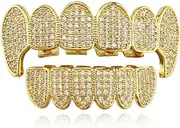 Diamond Vampire Fangs Grillz Gold Plated Shiny Hip Hop Teeth Grillz Caps Iced Out Top and Bottom Grills for Men and Women