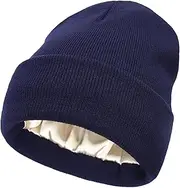 [Hcimooy] Womens Satin Lined Beanie for Women Knit Beanies Womens Winter Beanies for Women Hats for Men Cuffed Skull Cap, Navy, One Size-XL