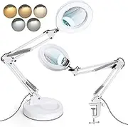 Krstlv 10X Magnifying Glass with Light and Stand, Upgrade Button 5 Color Modes Stepless Dimmable, 2-in-1 LED Lighted Magnifier Light, Hands Free Desk Lamp with Clamp for Craft Hobby Close Work - White