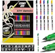 Looney Zoo Temporary Tattoo Markers for Skin, 10 Body Markers + 20 Large Tattoo Stencils for Kids and Adults, Dual-End Pens Make Bold and Fine Lines with Cosmetic-Grade Temporary Tattoo Ink