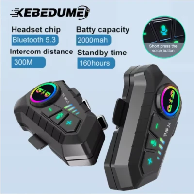 KEBIDUMEI 1/2x Motorcycle Intercom Headset Helmet BT 5.3 For 2 Riders 300M Water