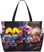 [Ghjkfbf] Donuts Print Large Capacity Beach Travel Bag For Family, Beach Tote Bag For Women With Zipper Pockets, Black, One Size