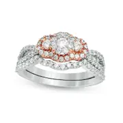 0.88 CT. T.W. Natural Diamond Three Stone Frame Split Shank Bridal Engagement Ring Set in Solid 10K Two-Tone Gold