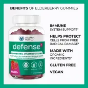 Organic Defense Immune System Support Elderberry Vitamin C Zinc 60 Gummies Vegan