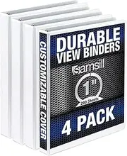 Samsill Durable 1 Inch Binder, Made in The USA, Round Ring Customizable Clear View Binder, White, 4 Pack (MP48437)