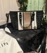 Brahmin Mini Asher Black Amida Melbourne Croc Embossed Leather Tri Color ~$275