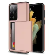 ZUSLAB Galaxy S21 Ultra 5G Slide Armor Wallet Case Credit Card Holder Protective Cover for Samsung - Rose Gold
