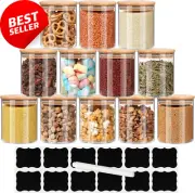 12 Pcs Set Glass Jars with Bamboo Lids,Wide Mouth Glass Kitchen Canister with Ai