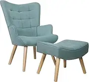 OIKITURE Modern Accent Chair with Footstool - Linen Fabric Full Body Support, Extra Large Armchair Comfy Reading Chair for Bedroom Living Room, 150KG Weight Capacity, Blue