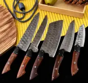 Top quality handmade 5 pieces Damascus steel chef knives set with wooden handle