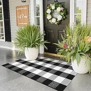 [KIMODE] Buffalo Plaid Outdoor Rug Runner Doormat 24'' x 51'', Black/White Cotton Woven Checkered Farmhouse Porch Outdoor Rugs, Washable Indoor Door Mat for Front Layered Kitchen Bathroom Laundry Room
