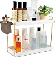 WILLKOMMEN Bathroom Counter Organizer, Wood Bathroom Countertop Vanity Organizer, Cosmetic Storage Display Rack, Skincare Makeup Organizer Shelf, 2-Tier Kitchen Shelf Organizer Spice Rack - White