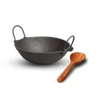 Handmade Indien Cast Iron Kadai & Neem Wood Stir Oval Cookware Set 2 Pieces