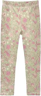 [Joisal] Floral Pink Green Leggings Girls, Suitable for Girls' Athletic Leggings, Kids Stretch Pants, 4-10T