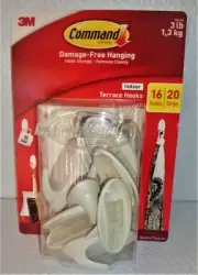 3M Command Indoor Terrace Hooks 16 Hooks /20 Strips (Holds 3 lbs ) New *