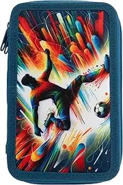 Idena 20181 Triple Pencil Case with 3 Zip Compartments Football Design Filled Pencil Case with 47 Pieces