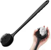 Silicone Body Scrubber, Soft Back Brush With Long-Handle and Hook, Body Cleaner for Shower, Exfoliating & Massage, Made of BPA-Free, Hypoallergenic & Eco-friendly Silicone, Skin-Friendly for Men, Women, Elderly & Kids (Black)