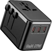 Travel Adapter,GaN III 67W Universal International Power Adaptor with Super Fast Charger 3 Port Type-C and USB-A,Worldwide Wall Plug AC Outlet for iPhone, Laptop, USA/UK/EU/AUS (Black)