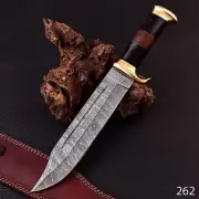 Handmade Bowie Knife, Damascus Steel, Leather & Brass Handle With Sheath