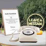 Premium Audio Guest Book Telephone with Free LED Wedding Sign and A5 Vertical Photo Frame | Vintage and Retro Style Audio Guestbook | Rotary Phone with Audio Record Voice Messages (White)