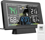 Weather Station, Wireless Indoor Outdoor Thermometer Color Display Weather Forecast Station with Humidity/Barometric/Moon Phase/Alarm Clock, LCD Digital Weather Station with Outdoor Sensor