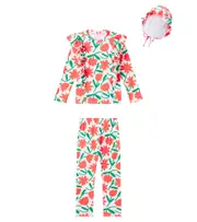 [Jellymallow] Jellymallow Floral ruffled swimsuit and cap set Y 10/11 white
